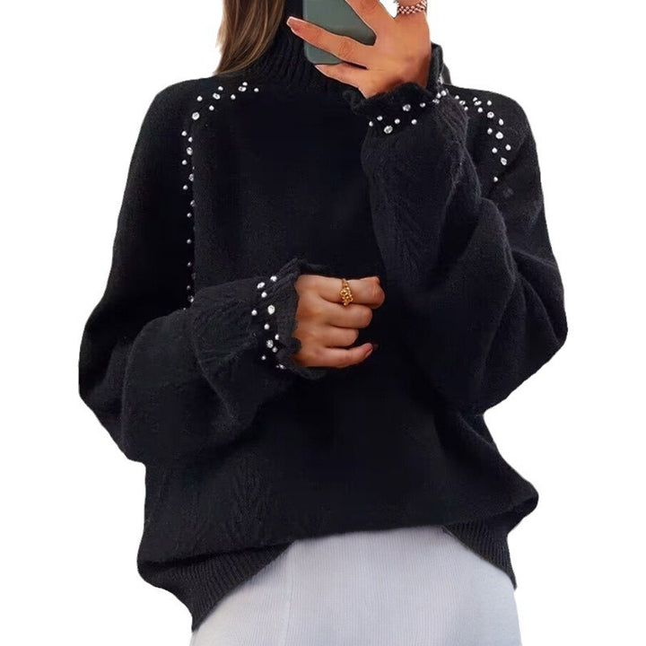 Damen nan Oversize Strickpullover mit Stehkragen und Perlendetails Drune