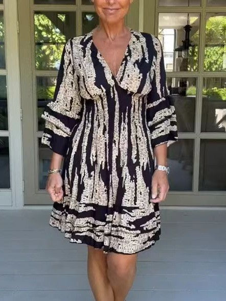 Damen romantisches V-Ausschnitt Kleid mit weiten Ärmeln und floralem Design Drune