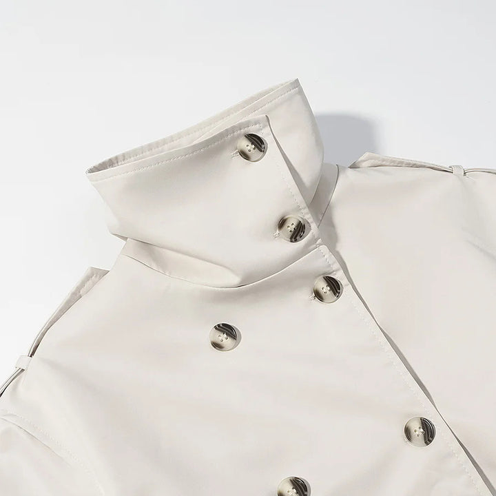 Damen nan längerer zweireihiger Trenchcoat mit hohem Stehkragen und Bindegürtel Drune