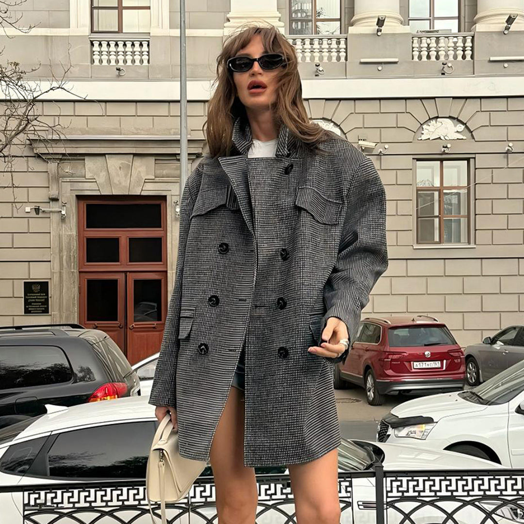 Damen Modische Oversized-Trenchjacke mit Karomuster Drune