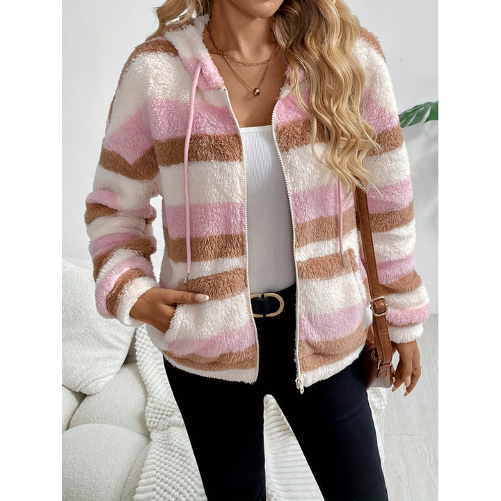 Damen Fleecejacke mit Kapuze und Streifenmuster Drune