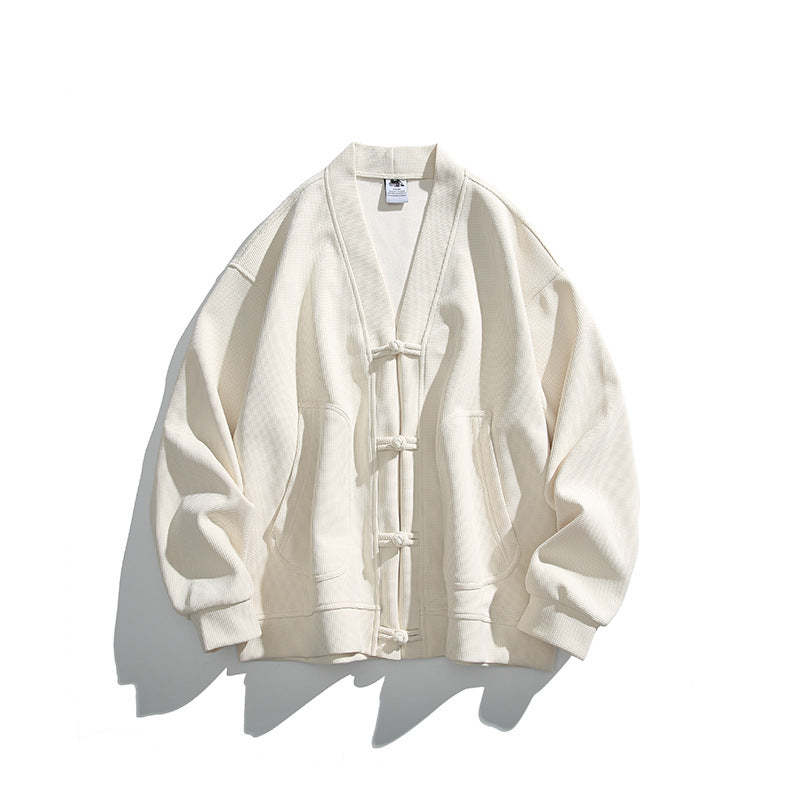 Herren weit geschnittene Kimono-Jacke im Hanfu-Stil mit Kordelverschlüssen und aufgesetzten Taschen Drune
