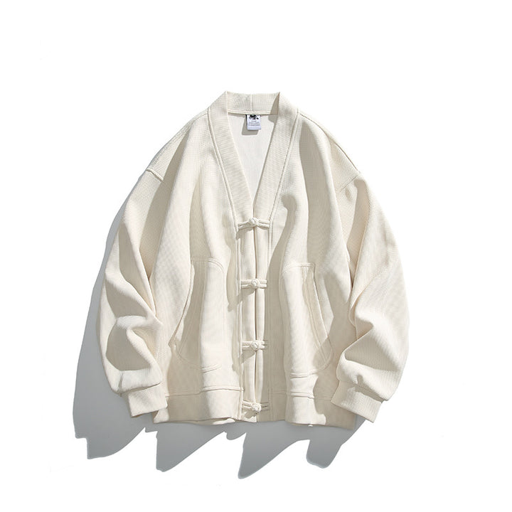 Herren weit geschnittene Kimono-Jacke im Hanfu-Stil mit Kordelverschlüssen und aufgesetzten Taschen Drune