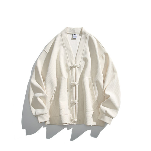 Herren weit geschnittene Kimono-Jacke im Hanfu-Stil mit Kordelverschlüssen und aufgesetzten Taschen Drune