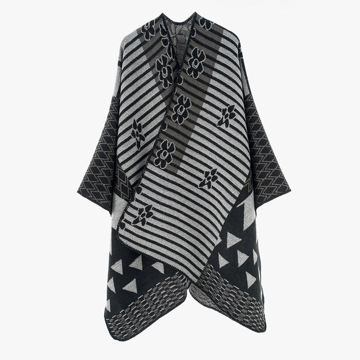 Damen Vielseitiger Strickponcho im Patchwork-Jacquard mit V-Ausschnitt und asymmetrischem Zipfelsaum Drune