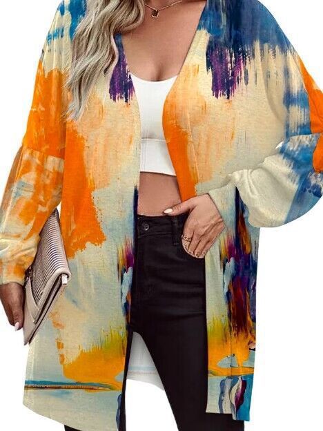Damen Leichter Offener Longcardigan mit Federmotiv und Oversize-Ärmeln Drune