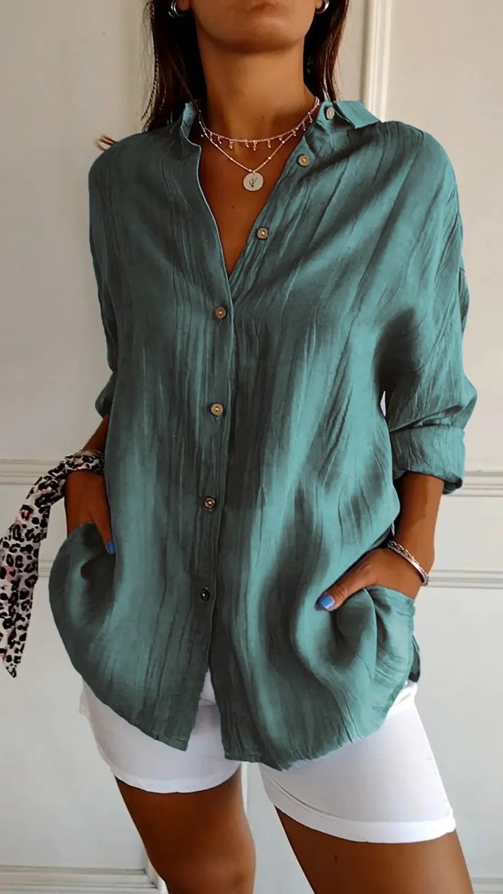 Damen lässige Hemdbluse mit strukturiertem Material und praktischen Taschen Drune