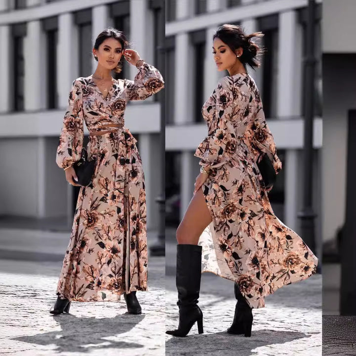 Damen Maxikleid im Leopardenmuster mit Wickeldesign und voluminösen Ärmeln Drune