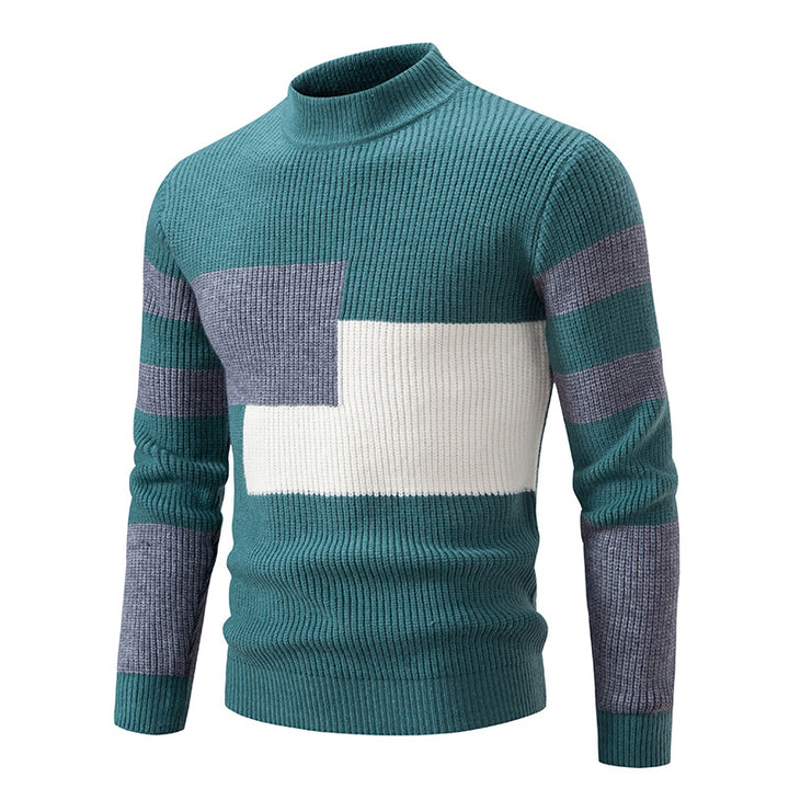 Herren Grobstrick-Pullover mit Stehkragen und kontrastierendem Blockstreifenmuster Drune