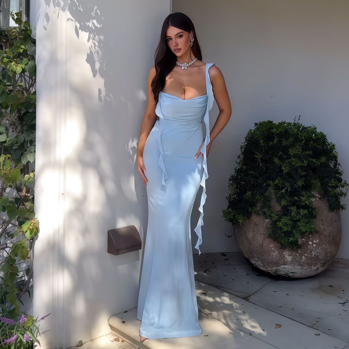 Damen Elegantes Maxi-Kleid mit asymmetrischen Rüschendetails und tiefem V-Ausschnitt Drune