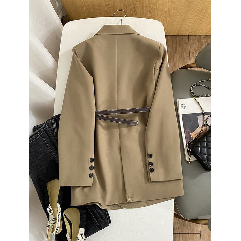 Damen Modischer Doppelreiher Blazer mit Taillengürtel Drune