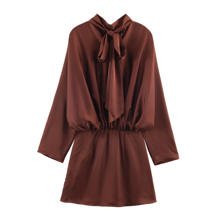 Damen nan elegantes Satin-Minikleid mit Schleifenkragen, Ballonärmeln und elastischer Taille Drune