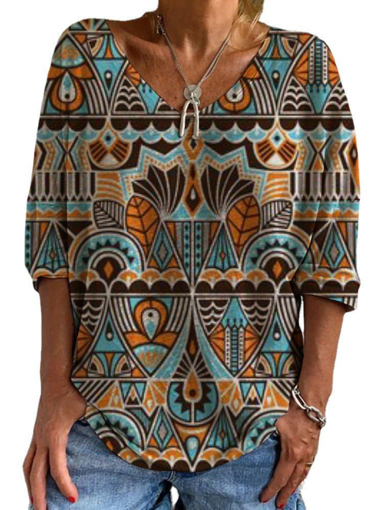 Damen Geometrische Boho-Tunika mit V-Ausschnitt und dreiviertelärmeln Drune