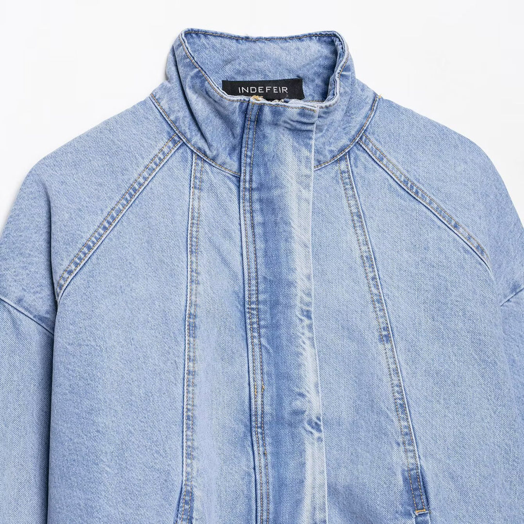 Damen Oversize Denim-Blouson mit hohem Stehkragen und elastischem Saum Drune