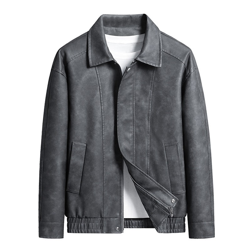 Herren Kurz geschnittene Kunstlederjacke im Vintage‑Look mit Hemdkragen & durchgehendem Reißverschluss Drune