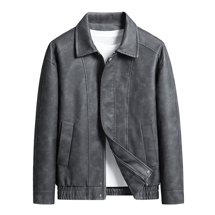 Herren Kurz geschnittene Kunstlederjacke im Vintage‑Look mit Hemdkragen & durchgehendem Reißverschluss Drune