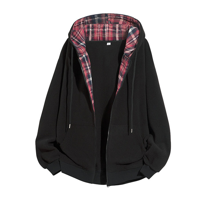 Herren Oversize-Kapuzenjacke mit kariert gefütterter Innenseite, Reißverschluss und Kängurutaschen Drune