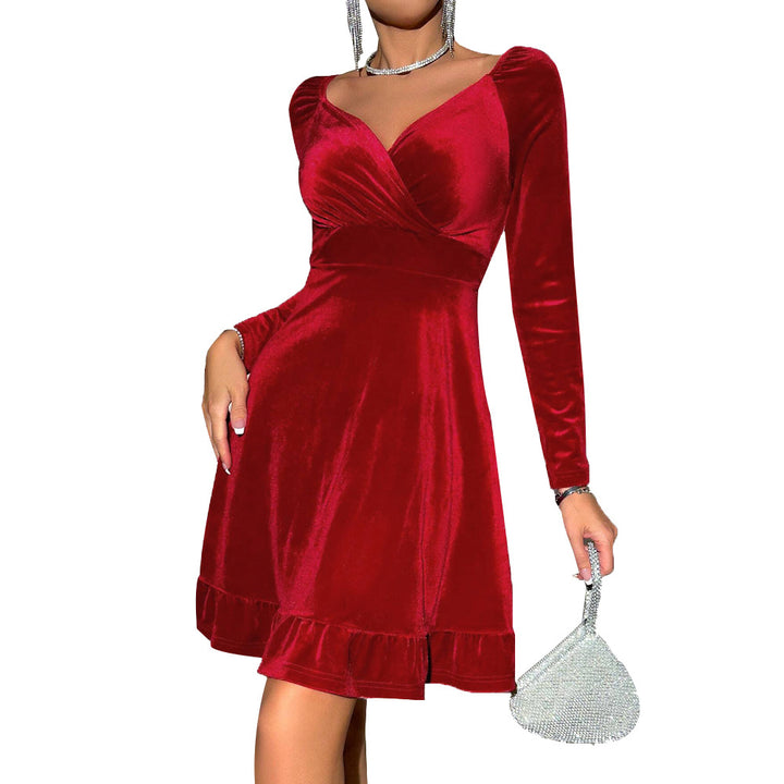 Damen Samt-Cocktailkleid mit Wickel-Bustier taillierter Empire-Passform und Volant-Saum Drune