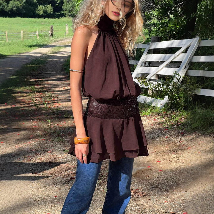 Damen Neckholder Minikleid mit glitzerndem Taillenband und voluminösen Rüschendetails Drune