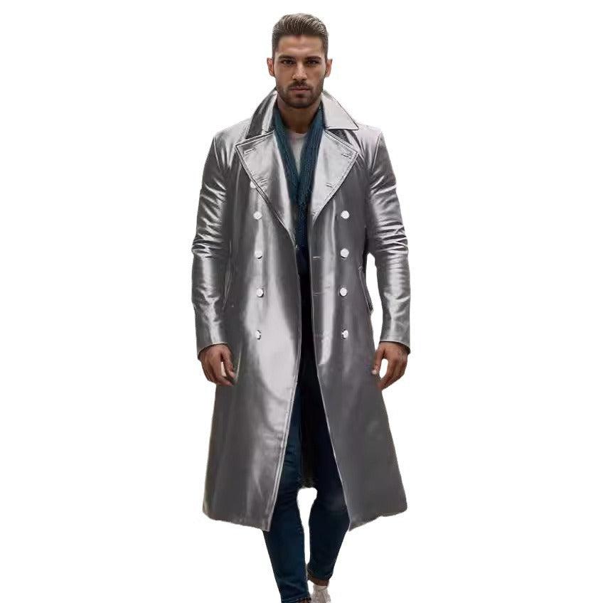 Herren Langer glänzender Kunstleder-Trenchcoat mit Doppelreiher und markantem Revers Drune