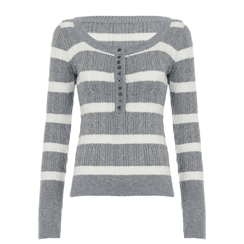 Damen Gestreifter Feinstrick-Pullover mit Zopfmuster und Knopfleiste Drune