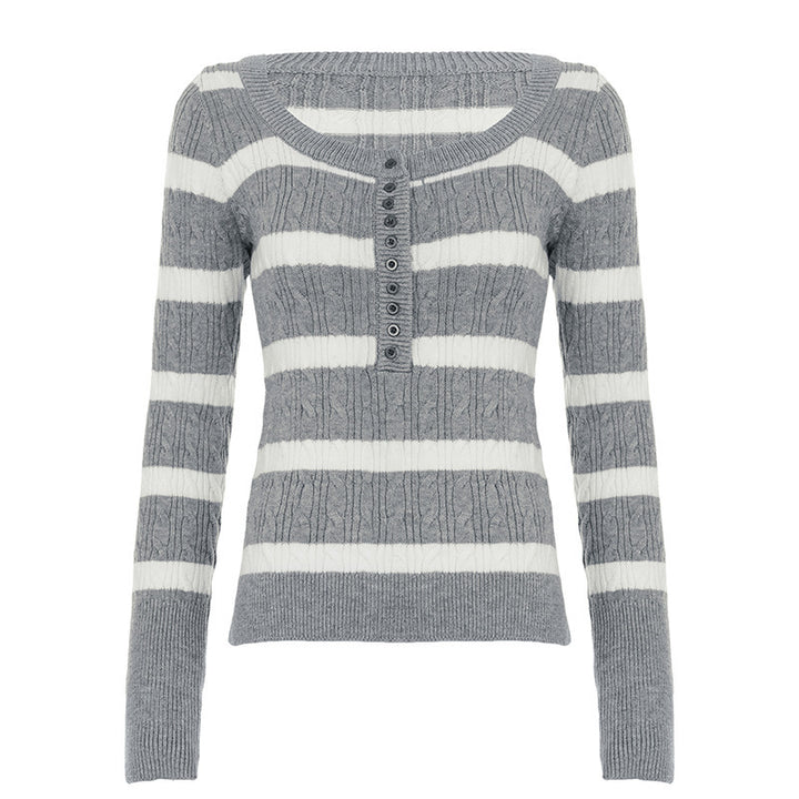 Damen Gestreifter Feinstrick-Pullover mit Zopfmuster und Knopfleiste Drune