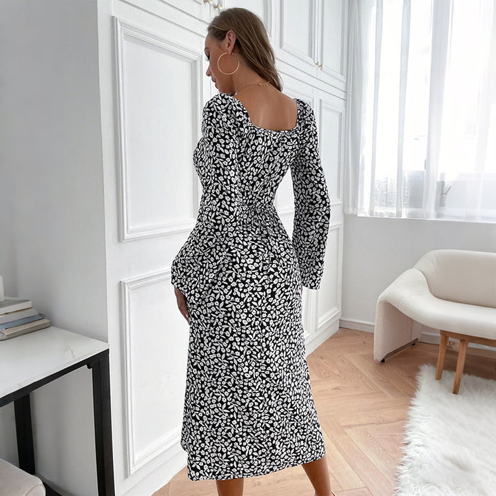 Damen Blumen-Midikleid mit taillierter Wickeloptik und ausgestellten Trompetenärmeln Drune