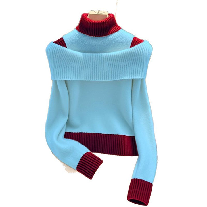 Damen Pullover mit weitem Stehkragen und dekorativem Farbkontrast Drune