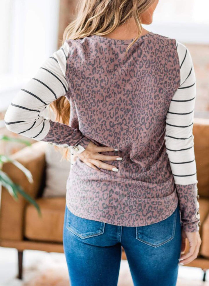 Damen Lässiges Streifen‑Langarmshirt mit Knopfmanschetten und Leo‑Kontrast Drune