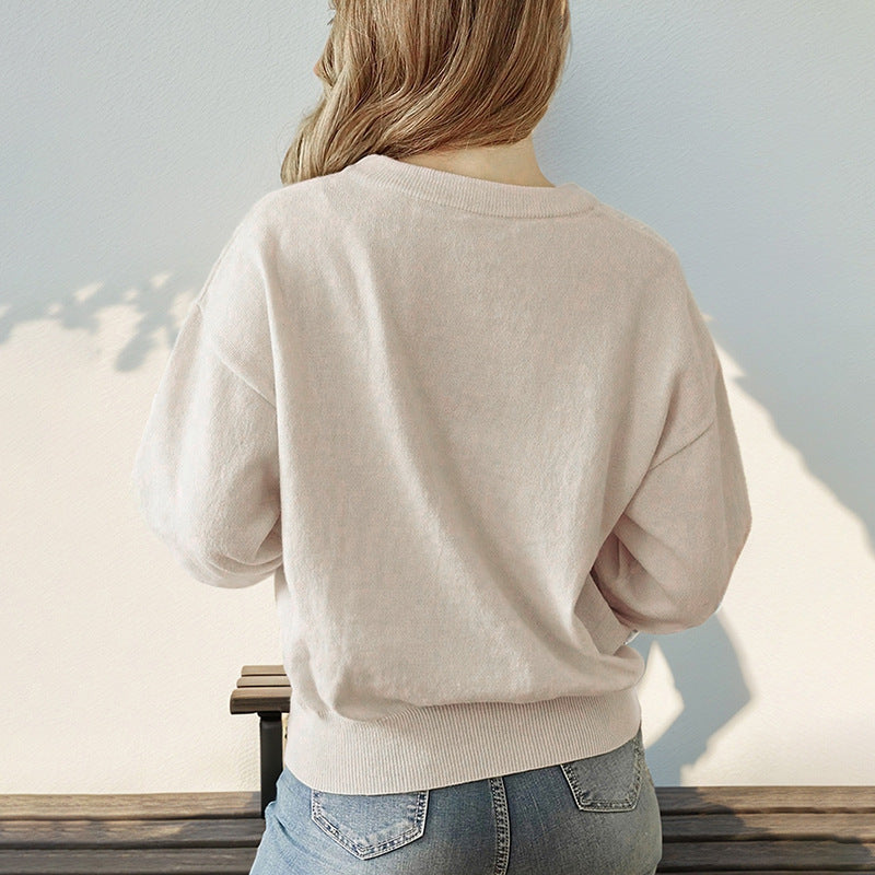 Damen Lockerer Rundhals-Pullover mit überschnittener Schulter und Rippbund Drune