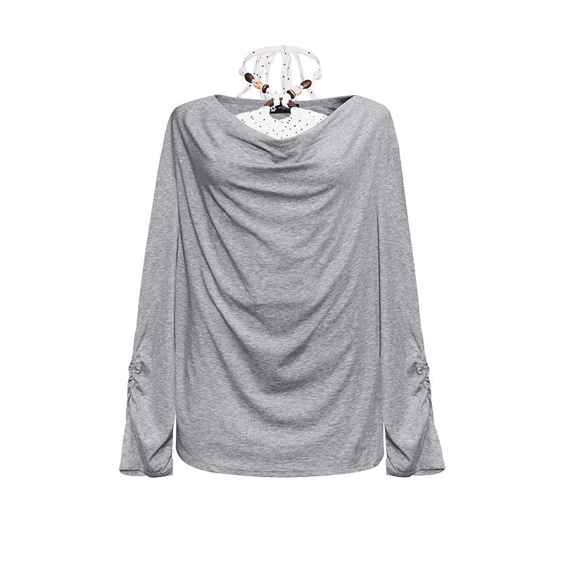 Damen Langes drapiertes Langarmshirt mit Wasserfallkragen und Raffung an den Ärmeln Drune