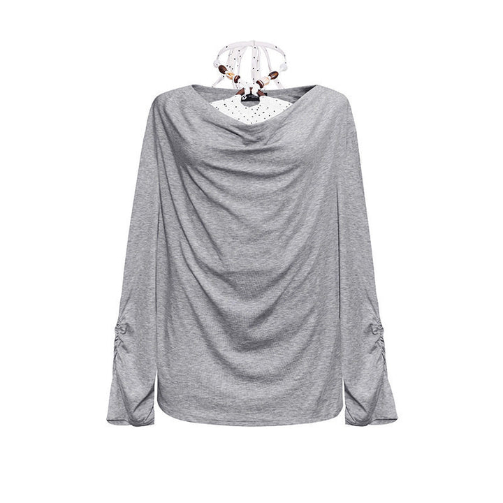 Damen Langes drapiertes Langarmshirt mit Wasserfallkragen und Raffung an den Ärmeln Drune
