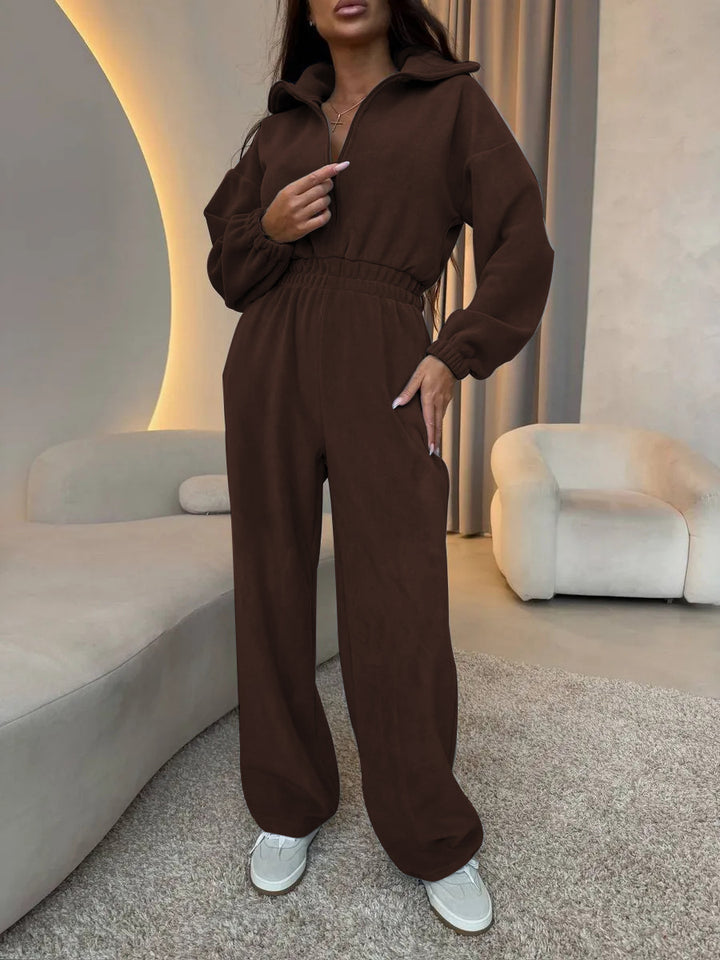 Damen eleganter Lounge-Overall mit elastischer Taillenpartie, Stehkragen, Reißverschluss und weitem Bein Drune
