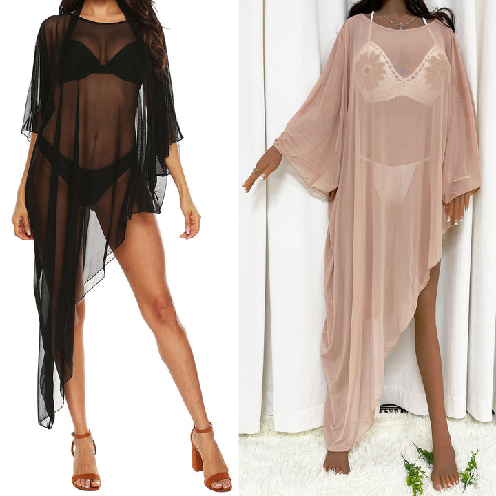 Damen transparenter Strandüberwurf mit eleganten Ärmeln Drune