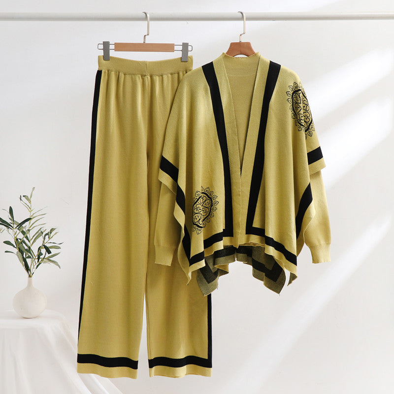 Damen elegantes Strick-Loungewear-Set mit grafischem Muster und weiten Ärmeln Drune