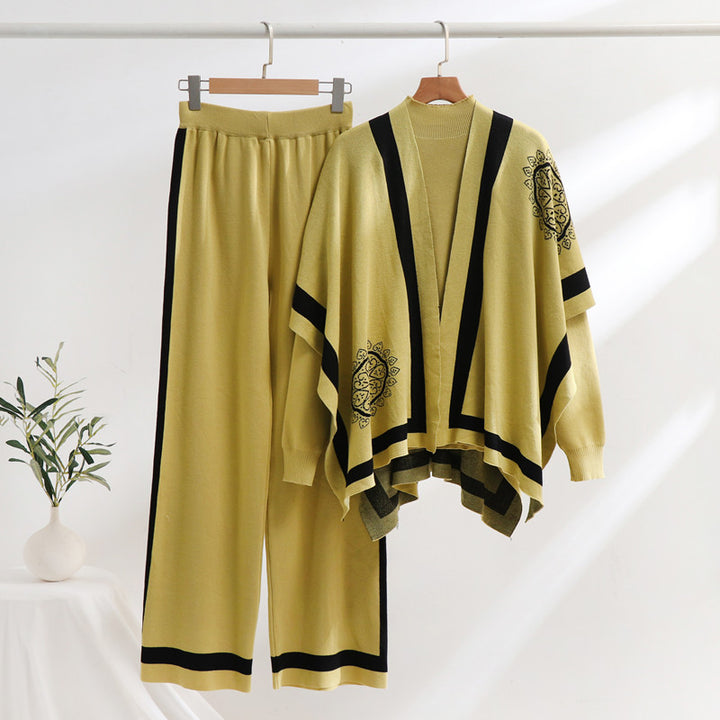 Damen elegantes Strick-Loungewear-Set mit grafischem Muster und weiten Ärmeln Drune