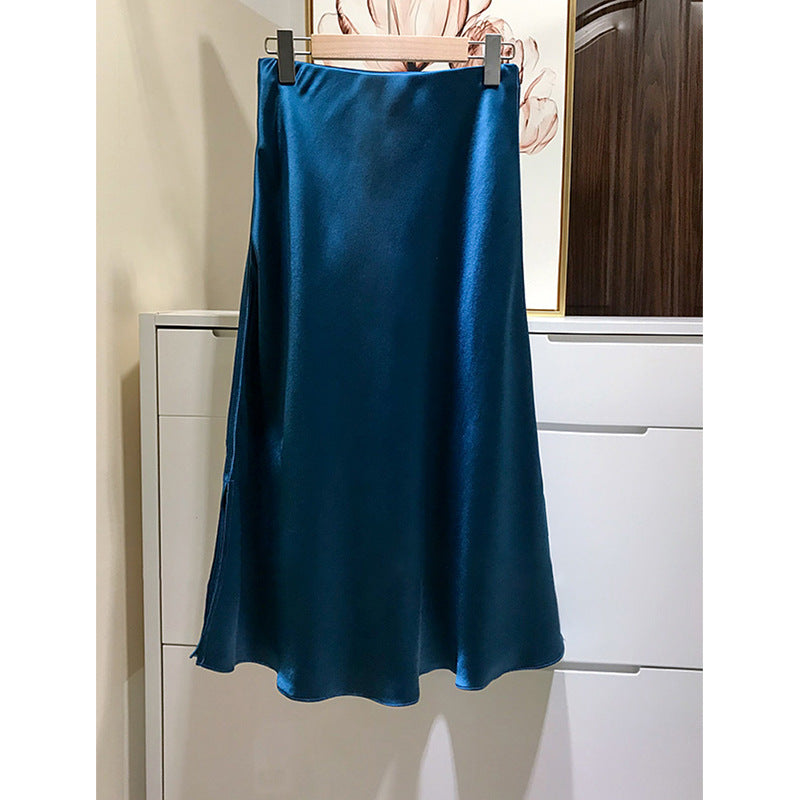 Damen Fließender Satin-Bias-Midirock mit hohem Bund und seitlichen Schlitzen Drune
