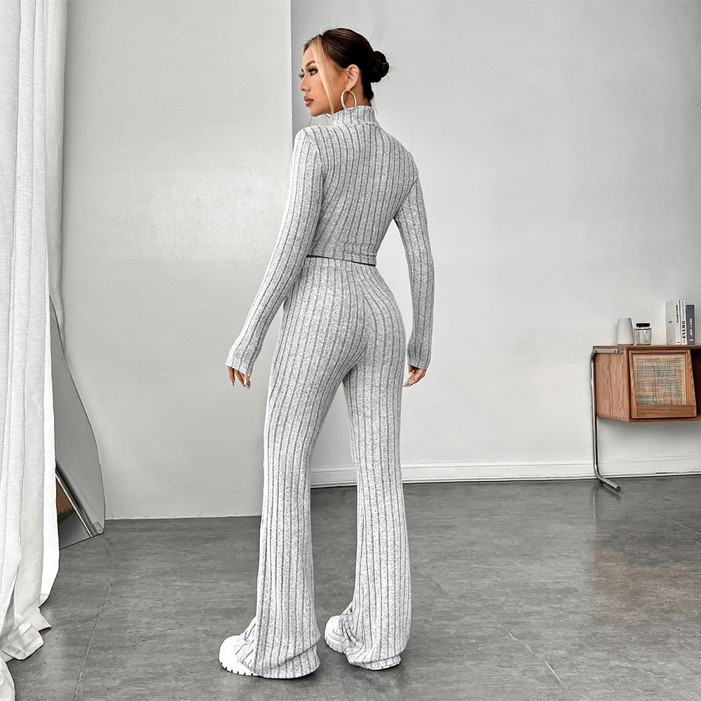 Damen geripptes Strick-Lounge-Set mit Rollkragen-Cropped und weiter Schlaghose Drune