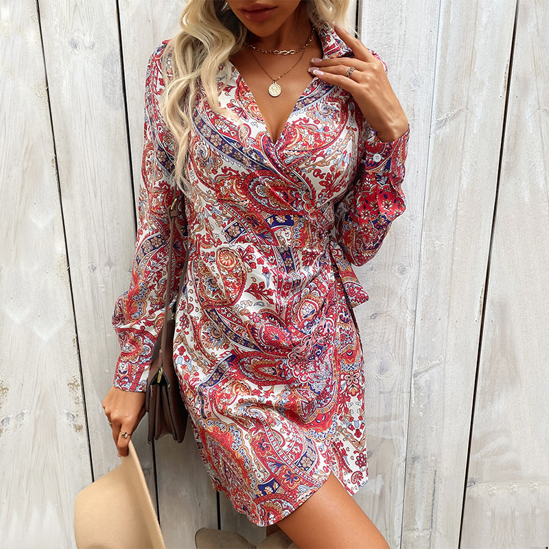 Damen Wickelkleid mit Paisley-Print, Hemdkragen und Taillenband Drune
