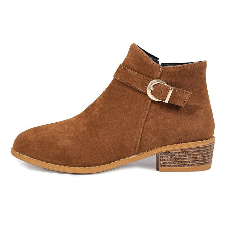 Damen Veloursleder-Ankle-Boots mit seitlichem Reißverschluss, Zier-Schnalle und niedrigem Blockabsatz Drune