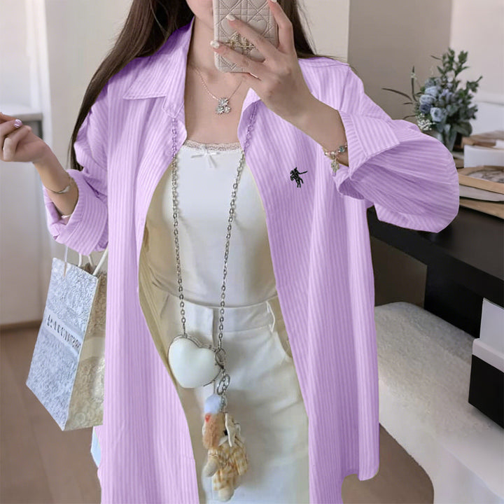 Damen nan oversized Hemd mit feiner Nadelstreifenstruktur, Kentkragen, abgerundetem Saum und geknöpften Manschetten Drune