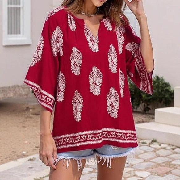 Damen Lockeres Strand-Tunika-Oberteil mit V‑Ausschnitt und Boho‑Print Drune