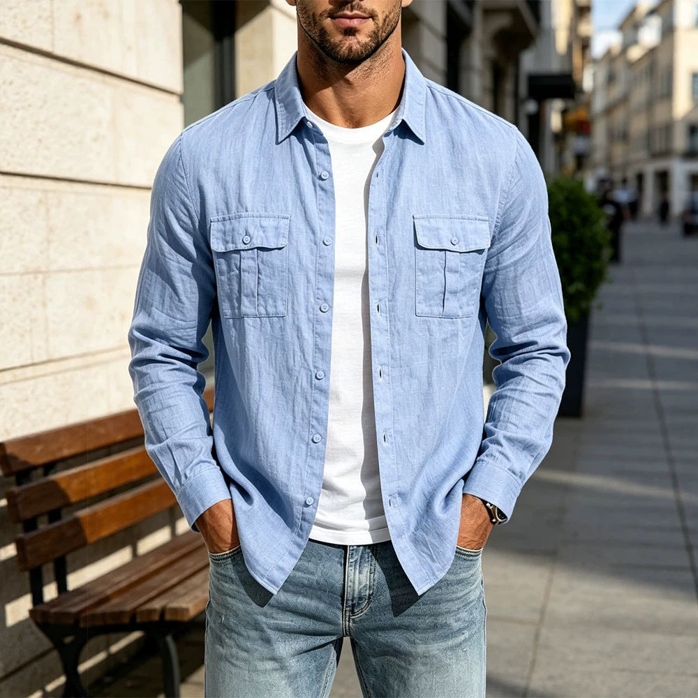 Herren Leichte Hemdjacke aus Baumwoll-Leinen mit Brusttaschen und lockerer Passform Drune