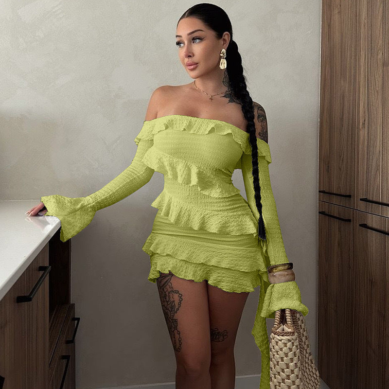 Damen verspieltes Wickelkleid mit Rüschen und schulterfreiem Design Drune