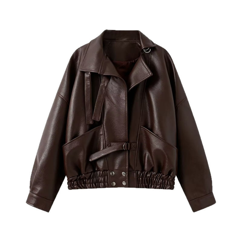 Damen 10+ taillierter Cropped Kunstleder‑Blouson mit Gürtel, elastischem Saum und Pattentaschen Drune