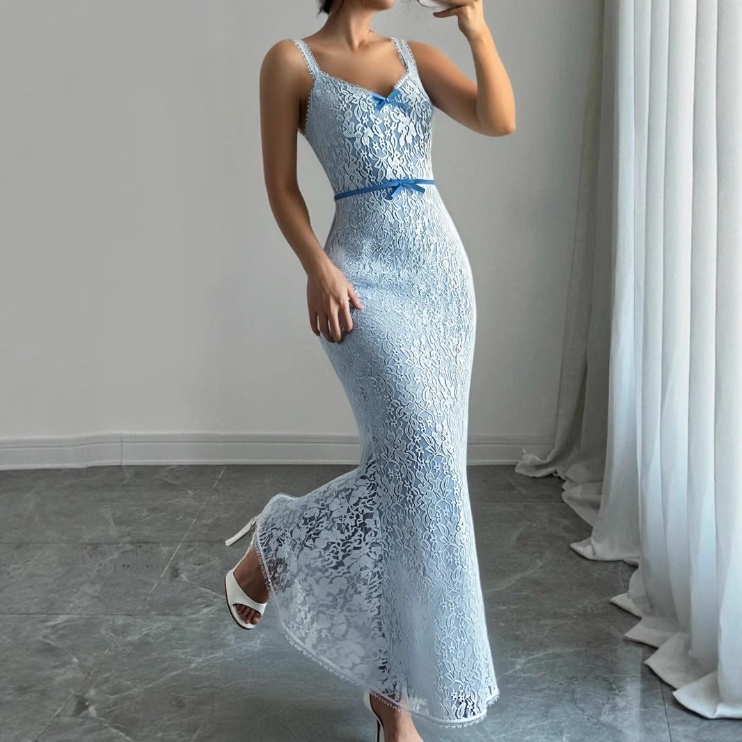 Damen Elegantes Spitzen-Midikleid mit verstellbaren Trägern und Schleifen-Detail Drune