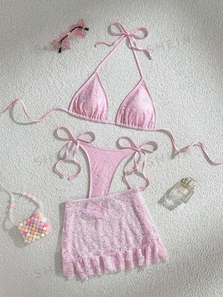 Damen Spitzen-Bikini mit floralem Design und fließendem Rock Drune