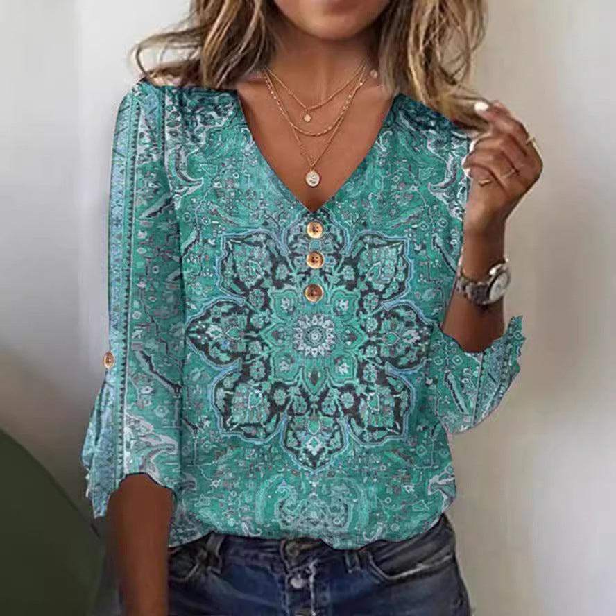 Damen Bohemian bedruckte V-Ausschnitt Bluse mit Knopfdetails Drune