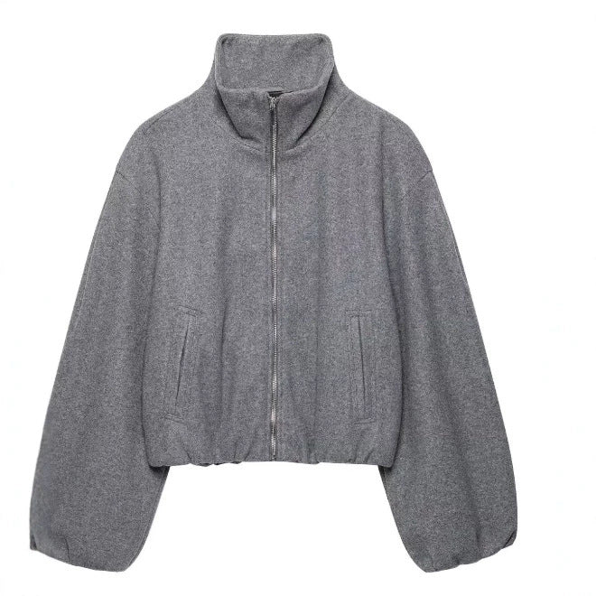 Damen Kurz geschnittene Bouclé‑Blousonjacke mit Stehkragen, elastischem Saum und Ballonärmeln Drune