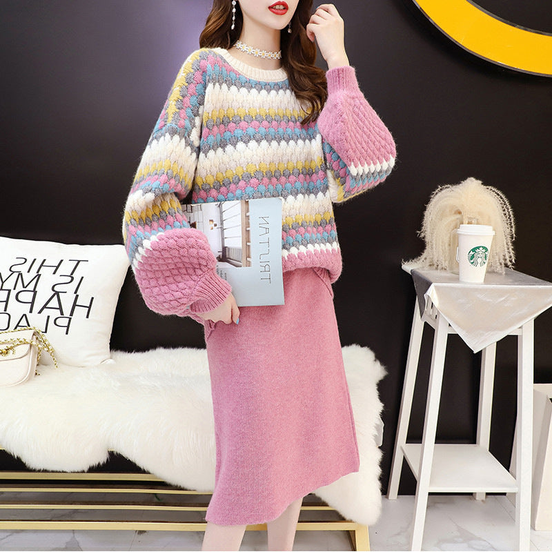 Damen gemütlicher Strickpullover mit buntem Blockmuster und voluminösen Ärmeln Drune